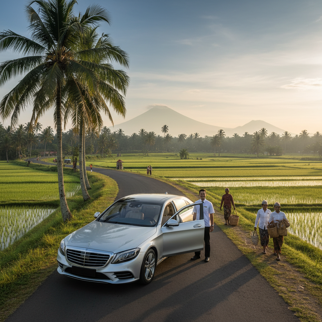 Bali private driver and car on a scenic road, illustrating efficient transportation planning for 2026