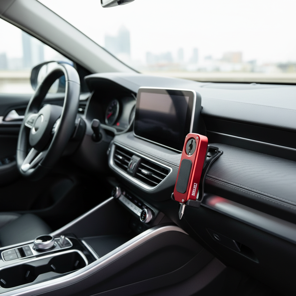 Emergency seat belt cutter and window breaker mounted within reach of the driver
