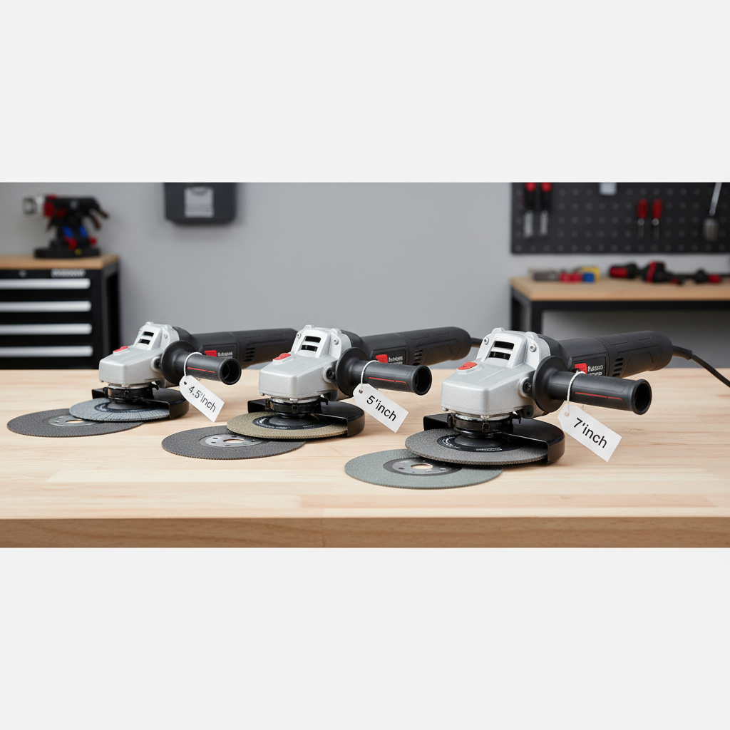 Different angle grinder wheel sizes for metal cutting on a workbench