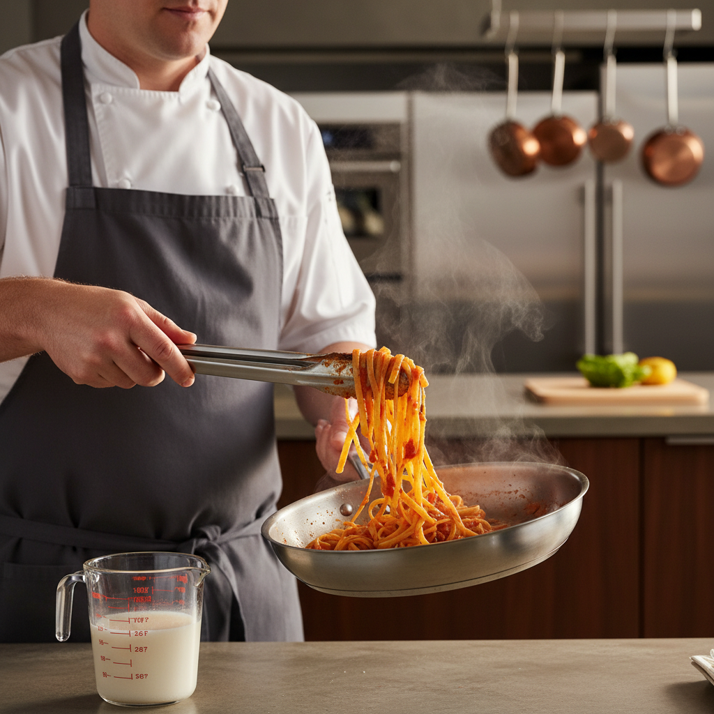 Cook tossing pasta in sauce with tongs and reserved pasta water nearby