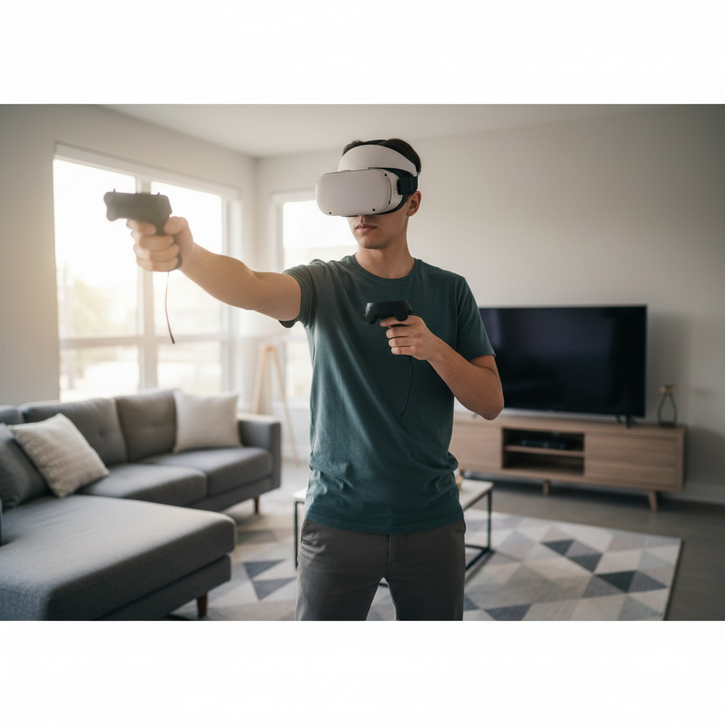 Pistol Whip VR player stance with correct headset fit and controller grip