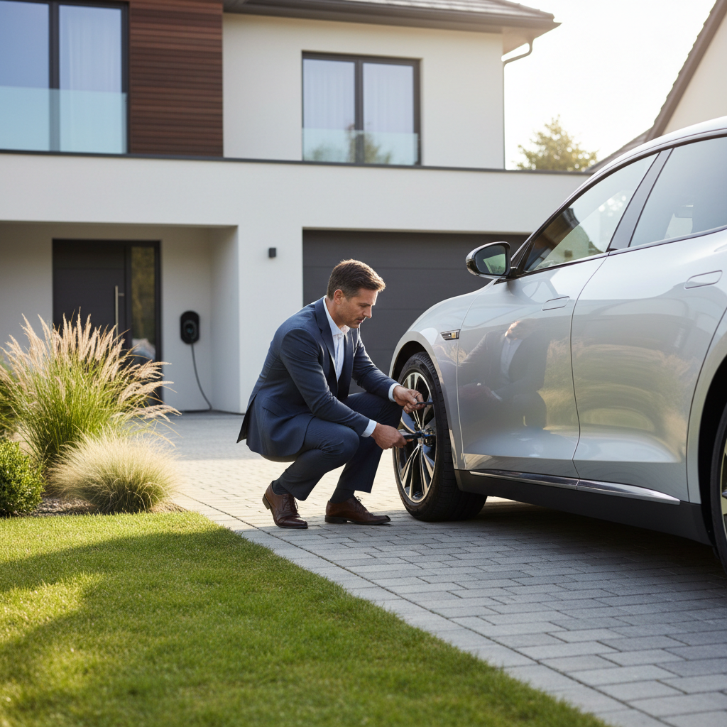 Driver checking car tire pressure with a gauge next to a slightly deflated tire
