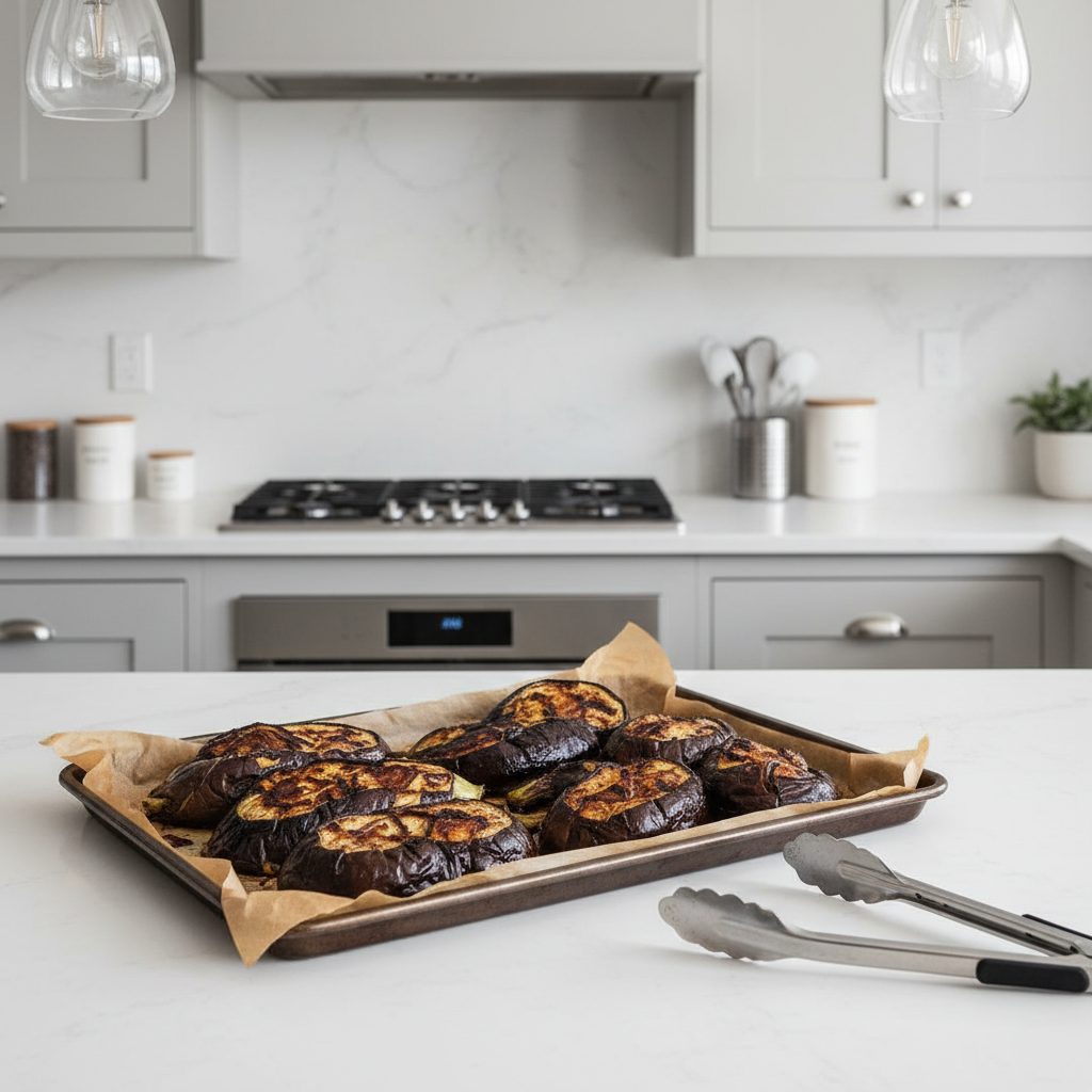 Broiled eggplant on a sheet pan for roasted baingan bharta method
