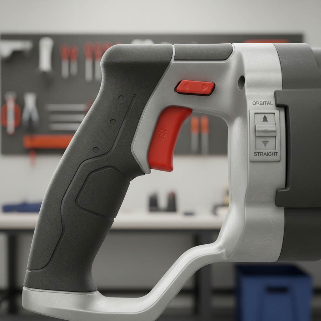 Close-up of reciprocating saw features: orbital action switch and variable speed trigger