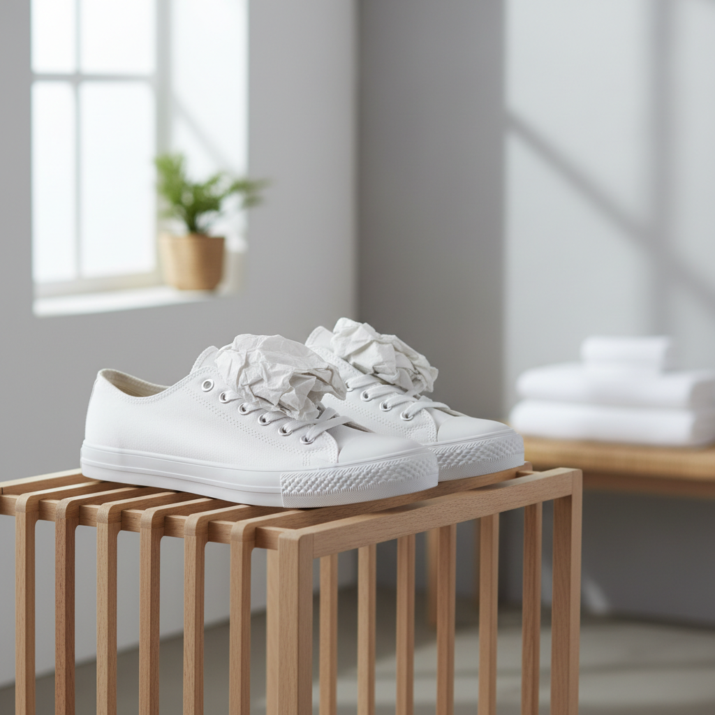 White sneakers drying indoors with paper towels stuffed in toe box