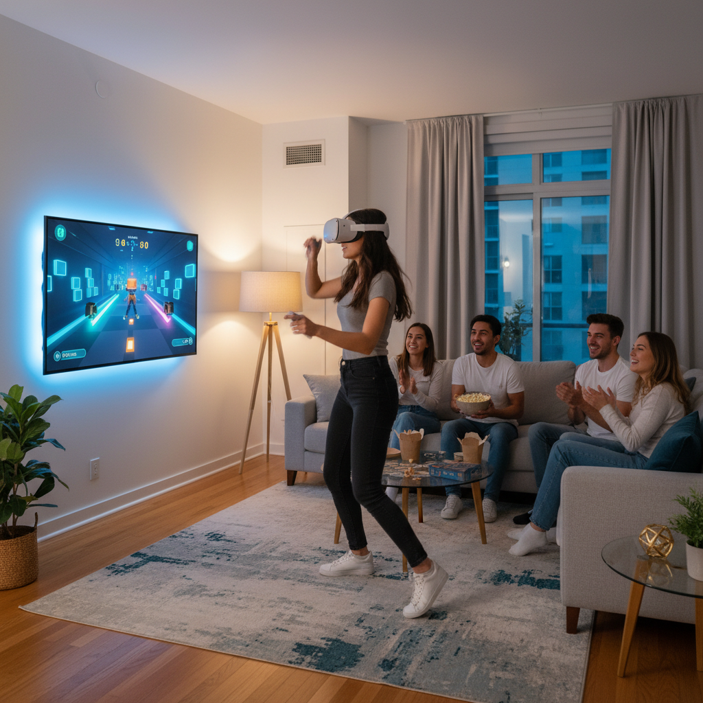 Friends watching a VR rhythm game on a TV while one person plays