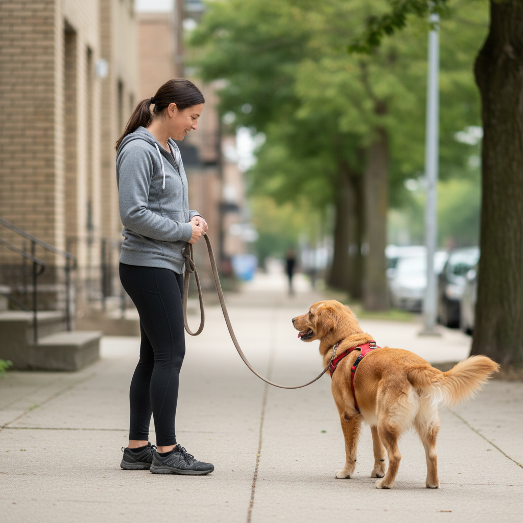 Trainer demonstrating turning away to manage leash pulling and distractions