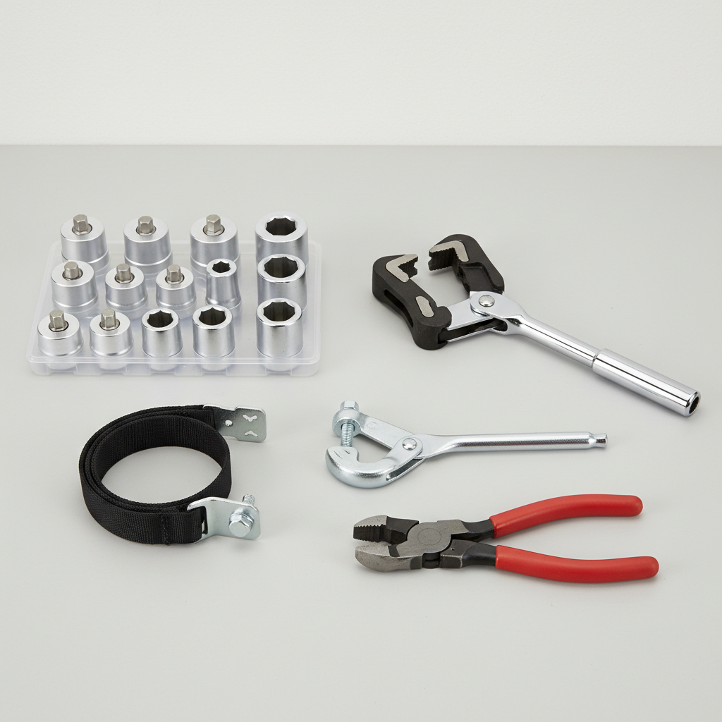 Different oil filter wrench types laid out: cap, claw, strap, pliers