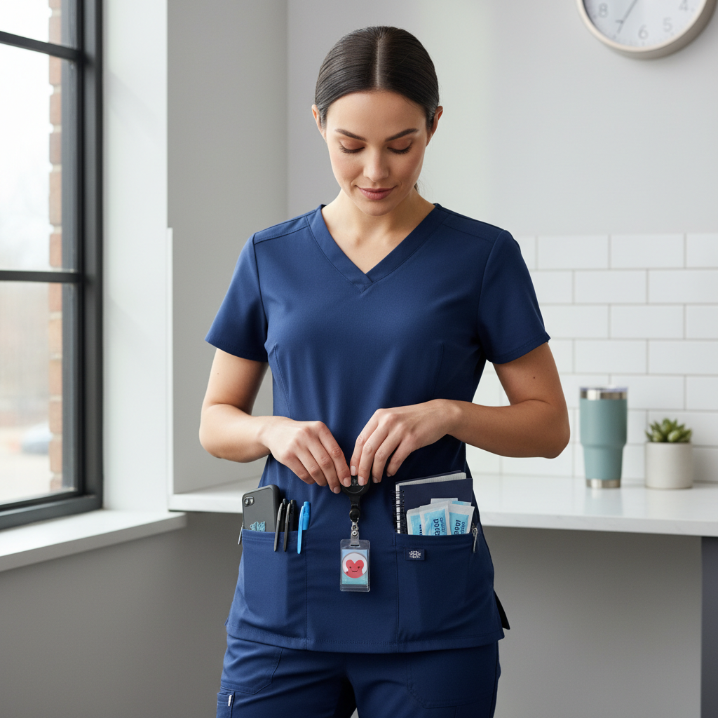 Nurse organizing scrub pockets with badge, pens, and phone for a long shift