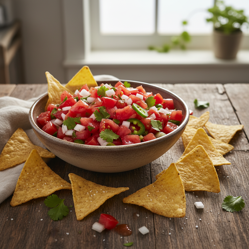 Bowl of easy fresh tomato salsa with tortilla chips