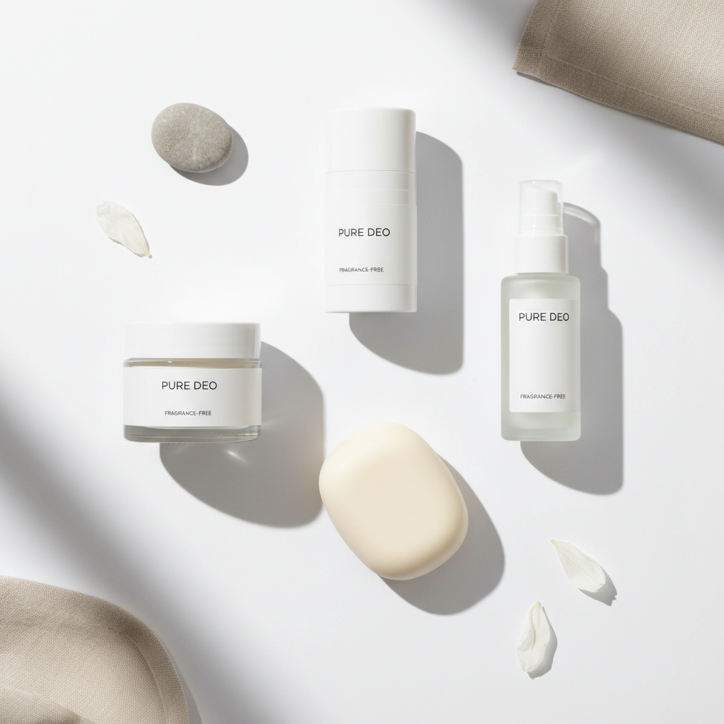 Minimal product flat lay of fragrance-free deodorant options for sensitive skin