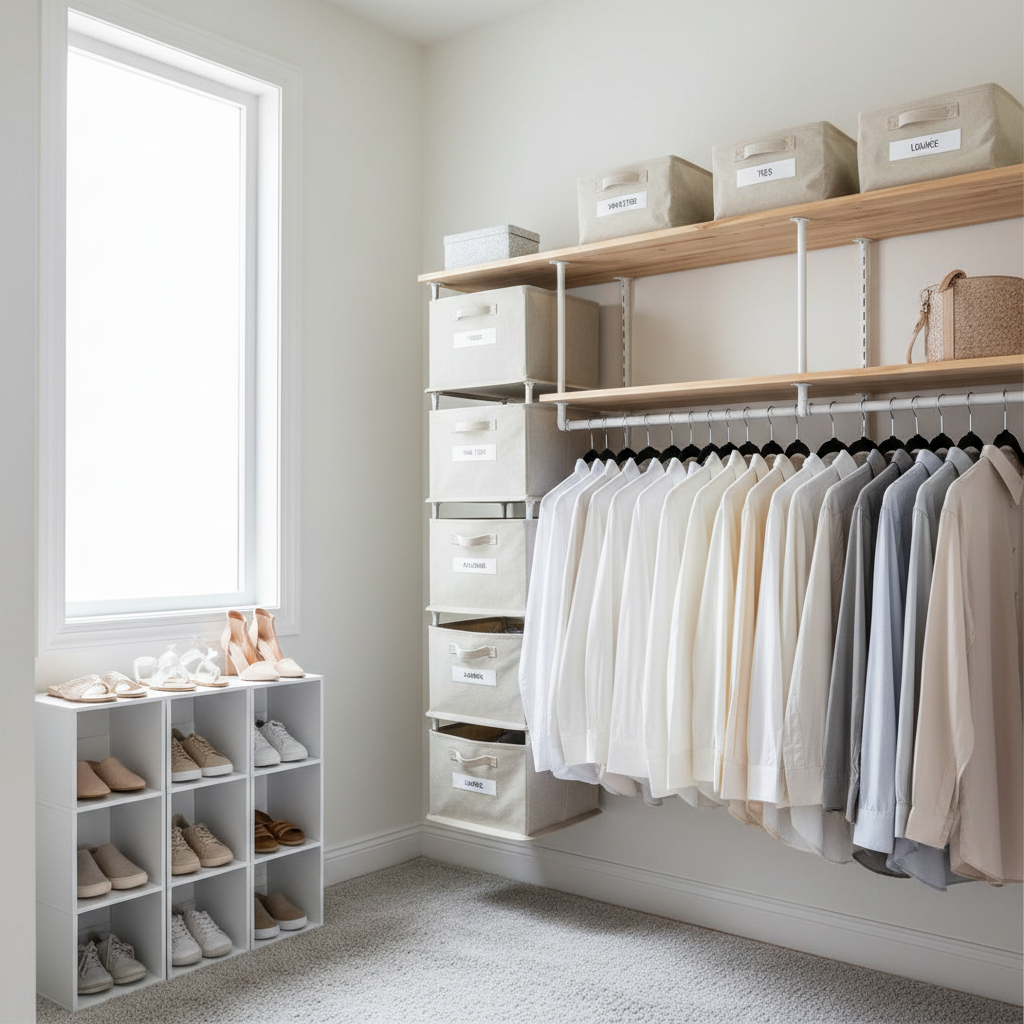 Organized closet with hanging shelves, labeled bins, and clear zones for clothes and accessories