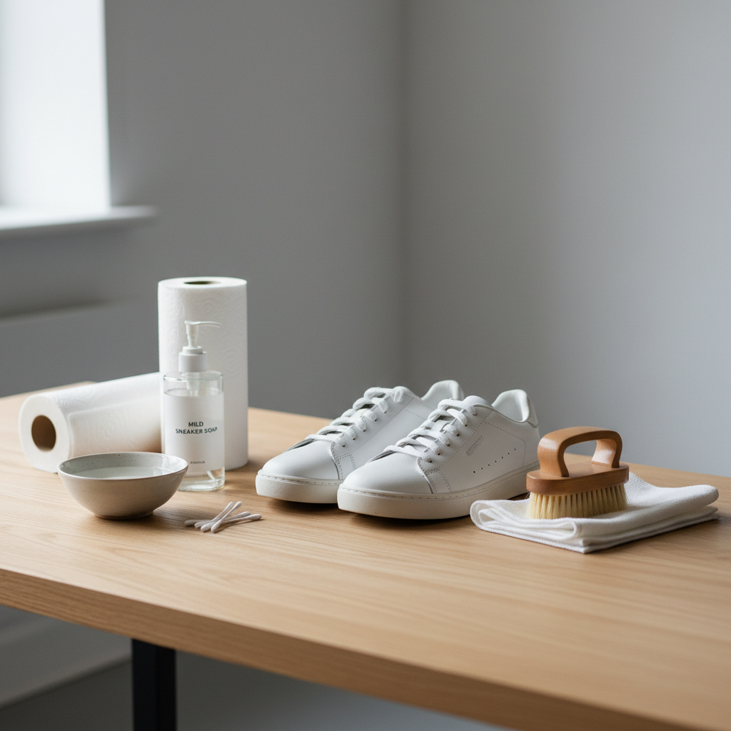 White sneaker cleaning setup with soft brush microfiber cloth and mild soap