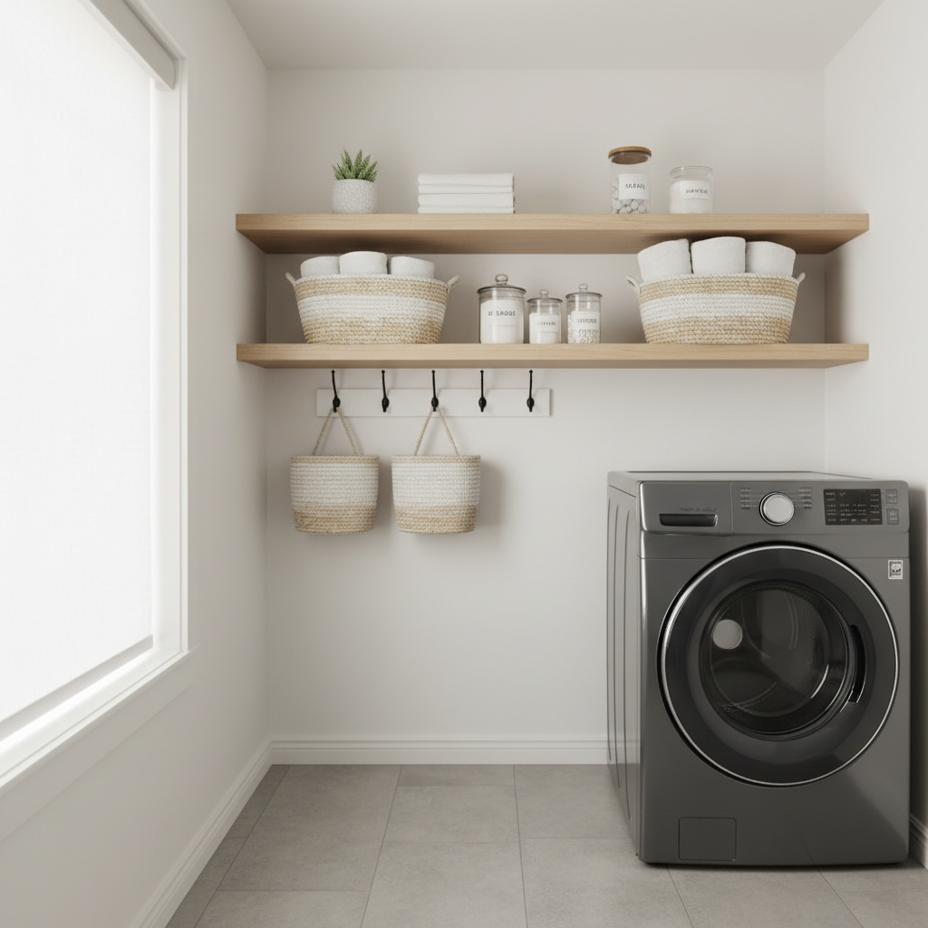 Small laundry room with wall shelves, hooks, and a bright neutral color palette