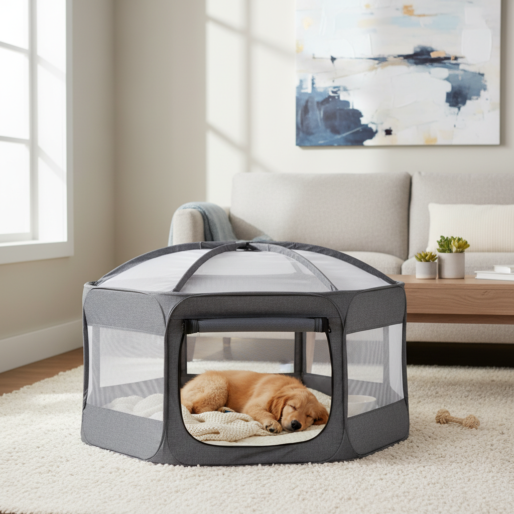Puppy safely resting inside a playpen in a living room setup