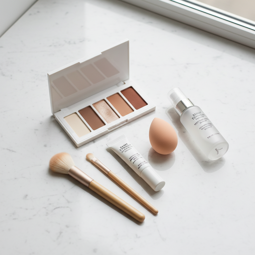 Minimal beginner eyeshadow kit with brushes primer and neutral palette