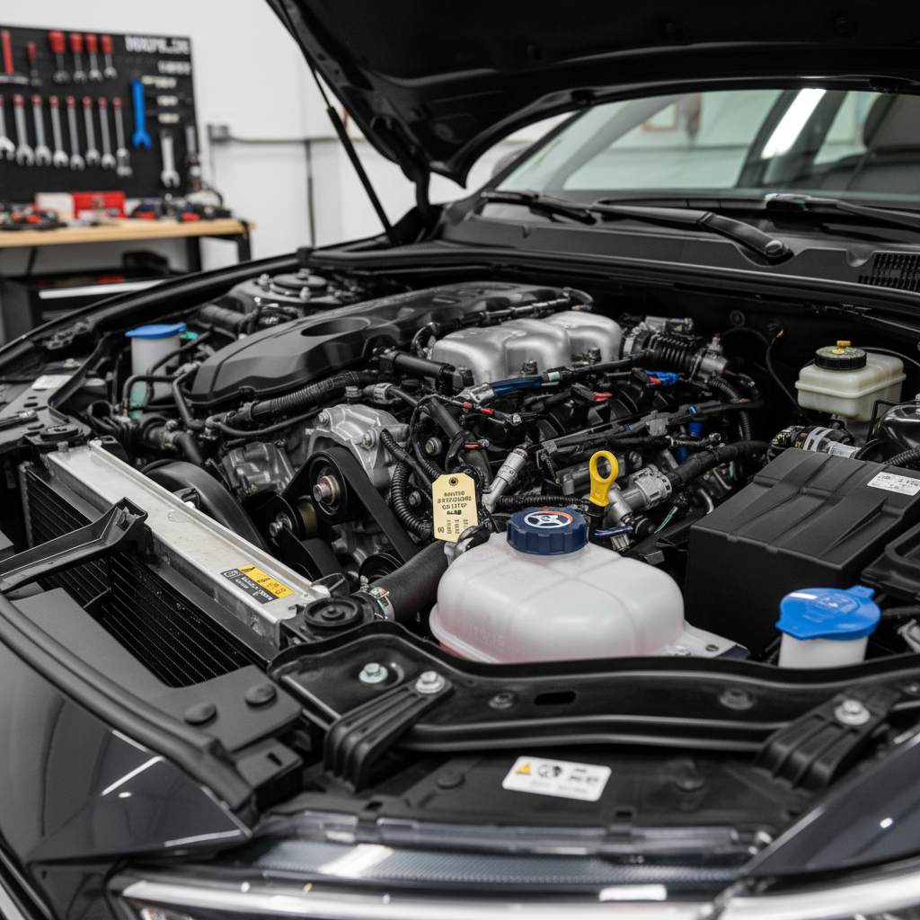 Open hood view showing power steering reservoir location near engine bay
