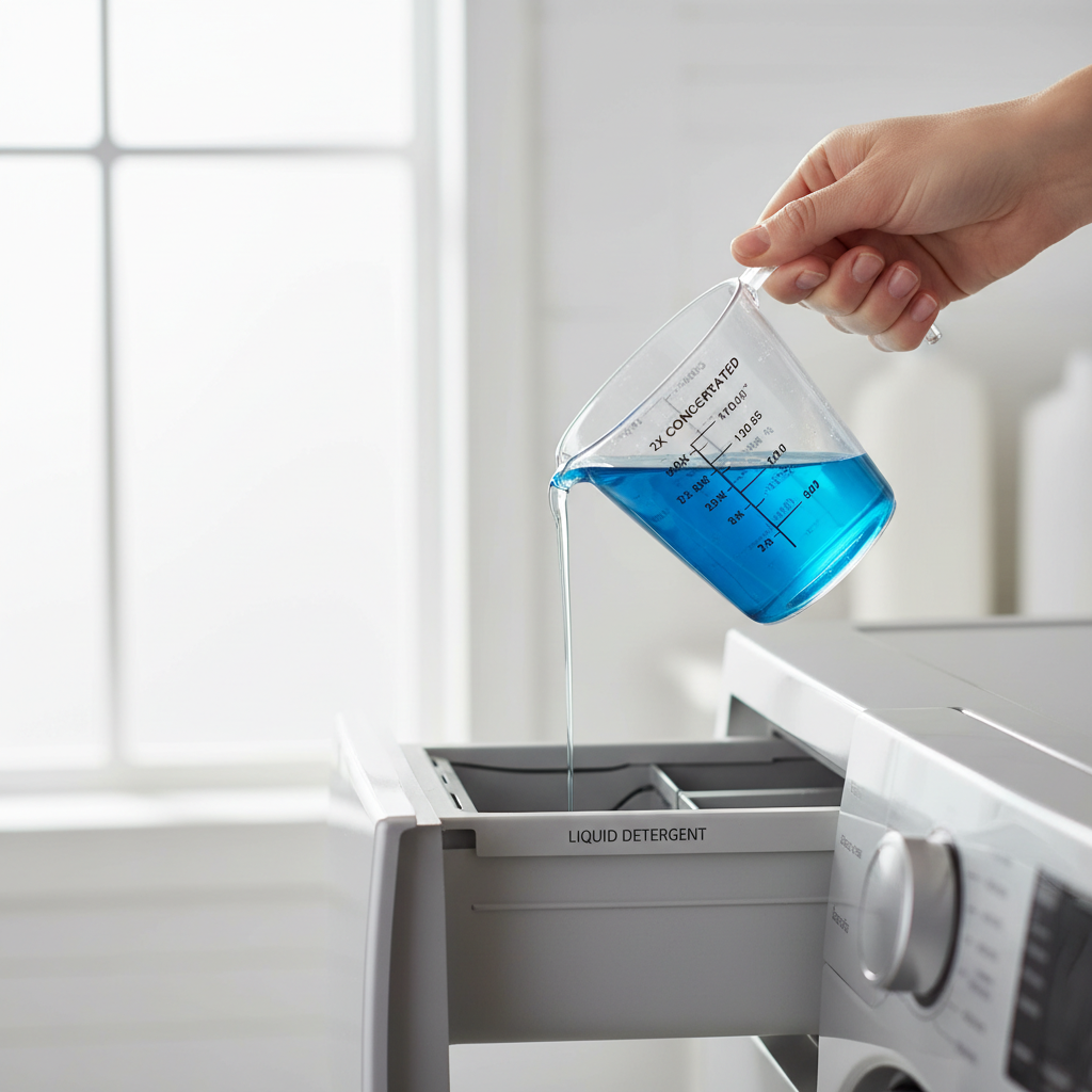 Close-up of measuring detergent correctly with a small dose in an HE washer drawer