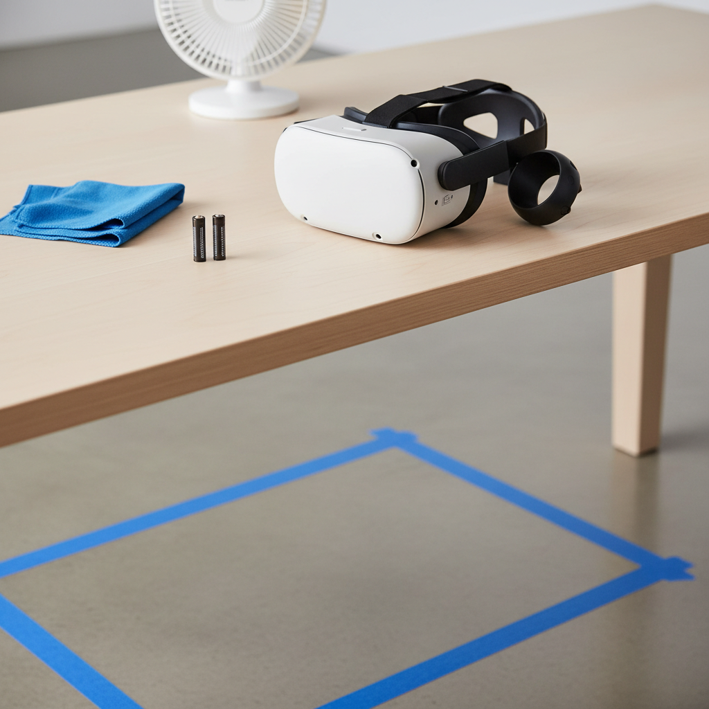 VR headset comfort setup with play space boundary and accessories for long puzzle sessions