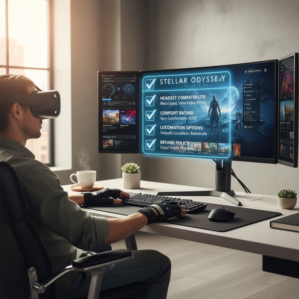 VR store page checklist with headset compatibility and comfort rating highlighted