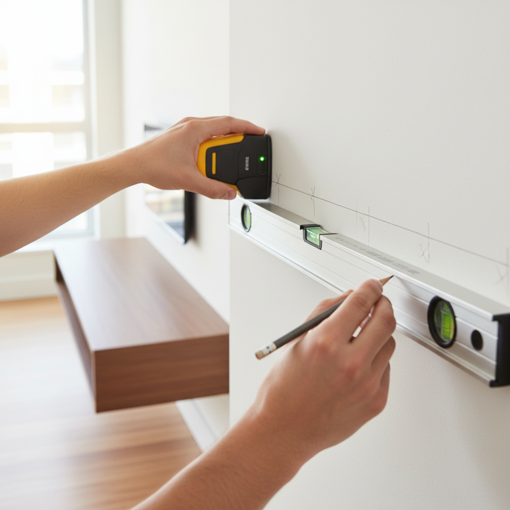 DIYer marking stud locations and level line for floating shelf on a small wall