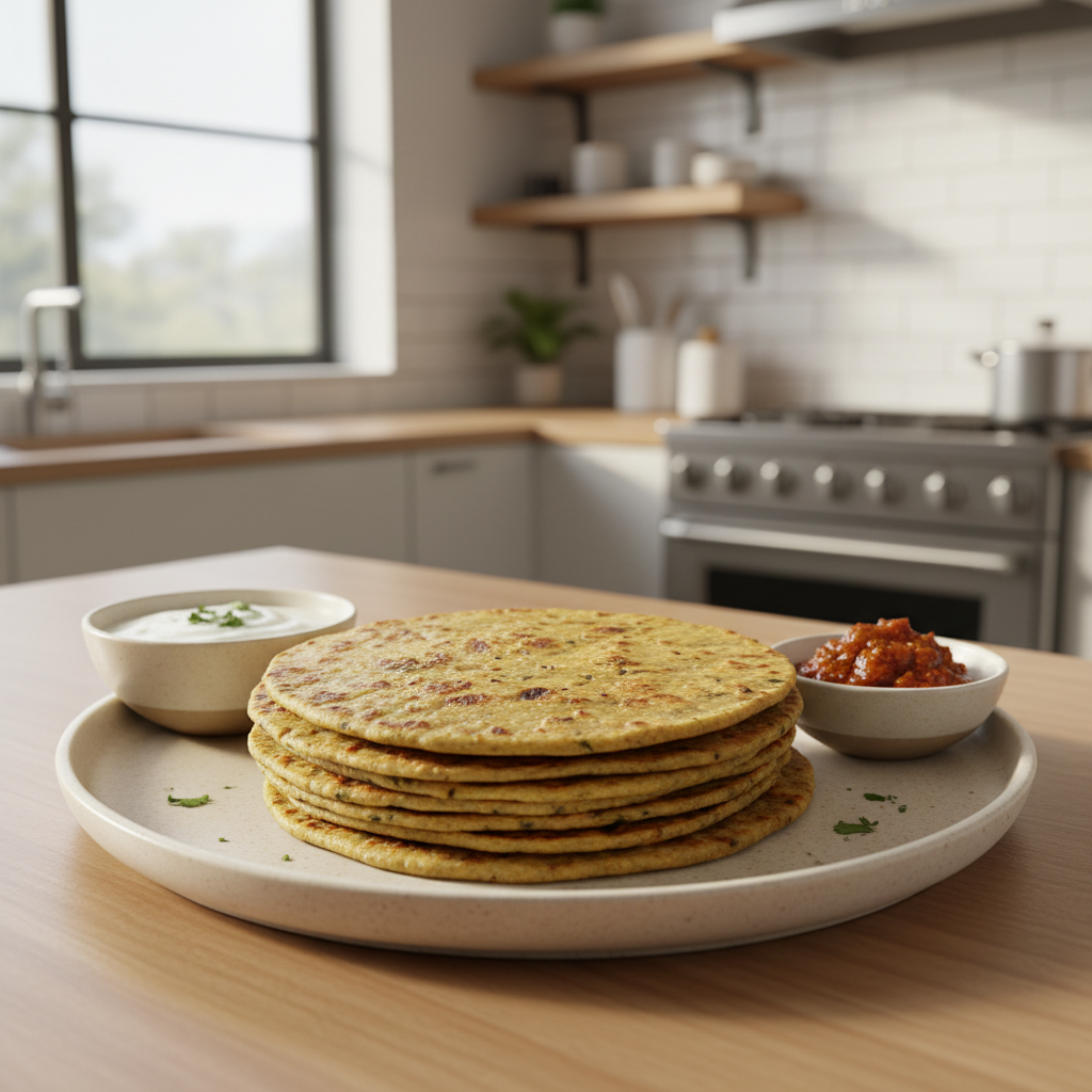 Fresh methi thepla stacked on a plate with yogurt and pickle