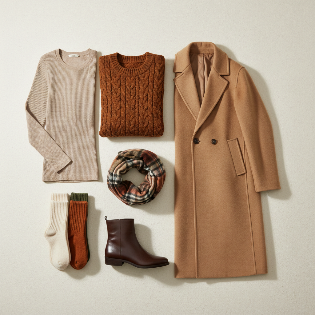 Fall layering essentials including thin base layer, sweater, coat, scarf, and boots