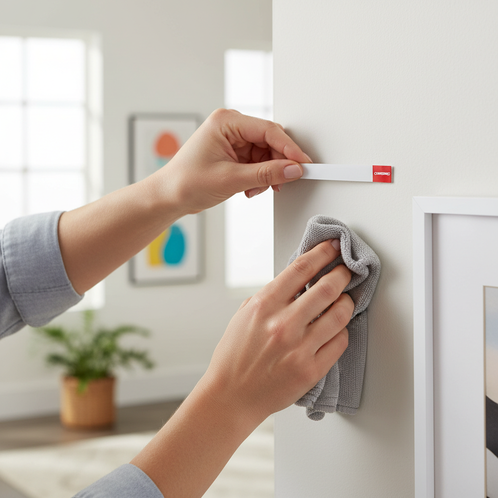 Close-up of removable adhesive strip being applied to a clean painted wall