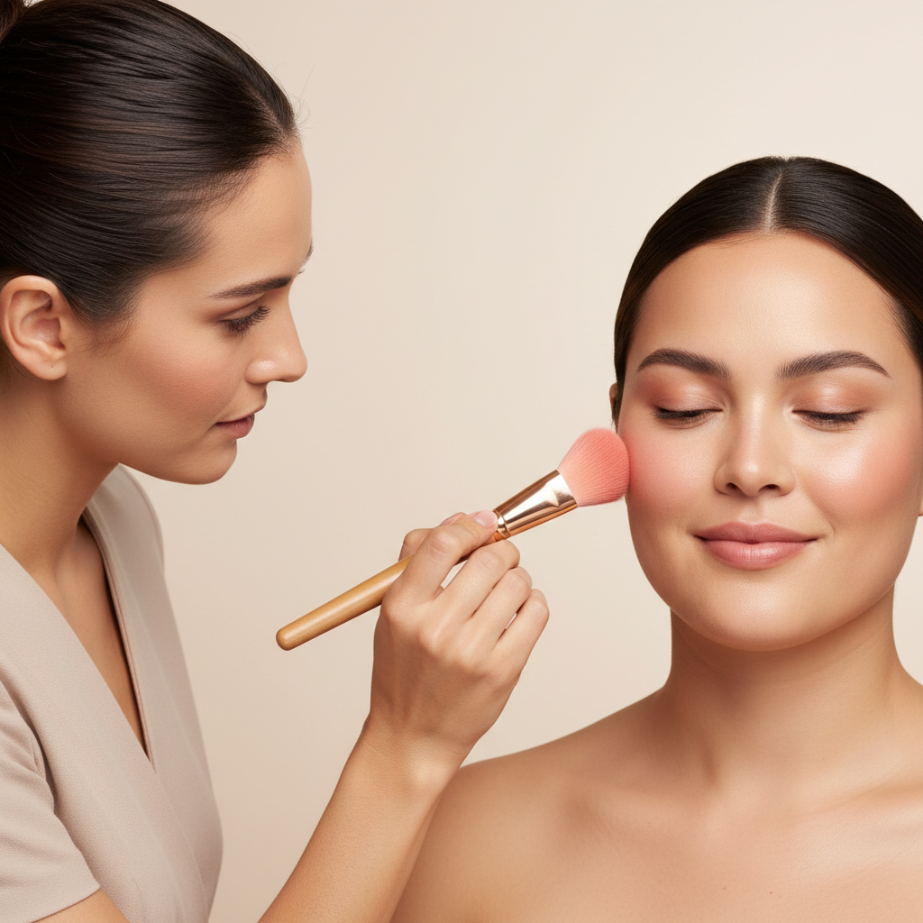 Blending blush upward on outer cheek for a lifted look on a round face