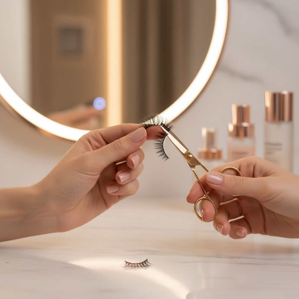 Trimming false eyelashes to fit eye shape