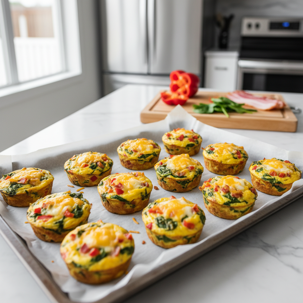 Meal-prep keto egg muffins on a tray with vegetables