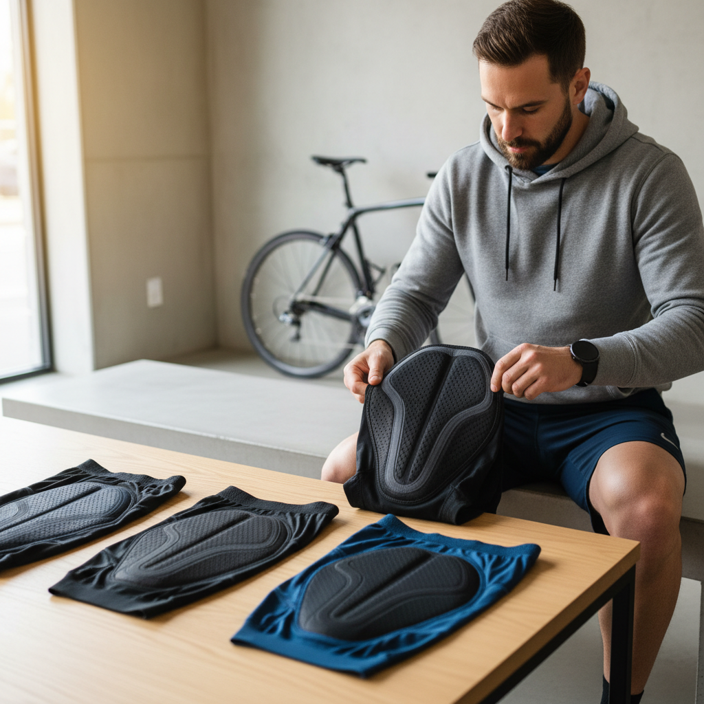 Men choosing padded cycling underwear and chamois thickness for comfort