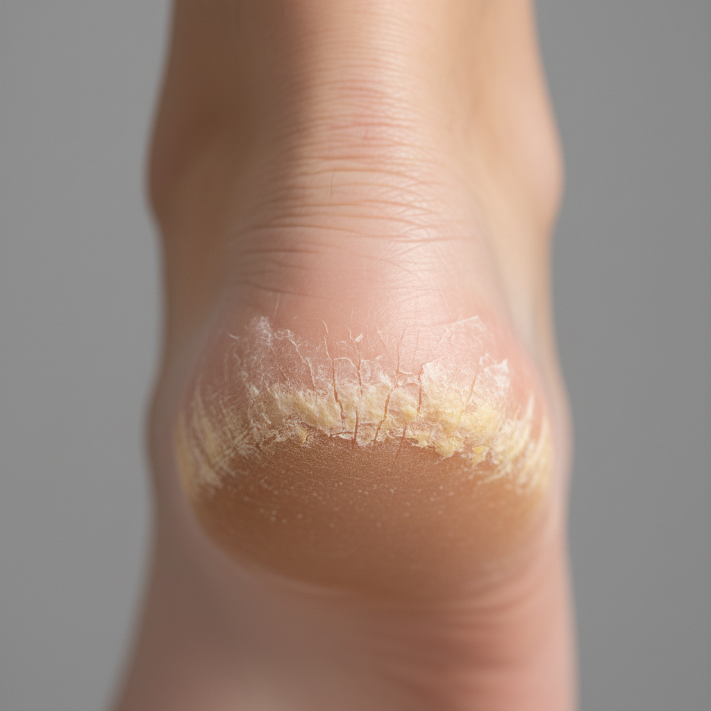 Close-up of dry cracked heel with callus edges for skin assessment