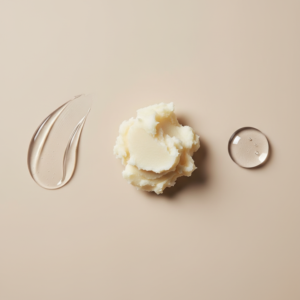 Close-up of lip balm ingredient textures like petrolatum and shea butter on a neutral palette