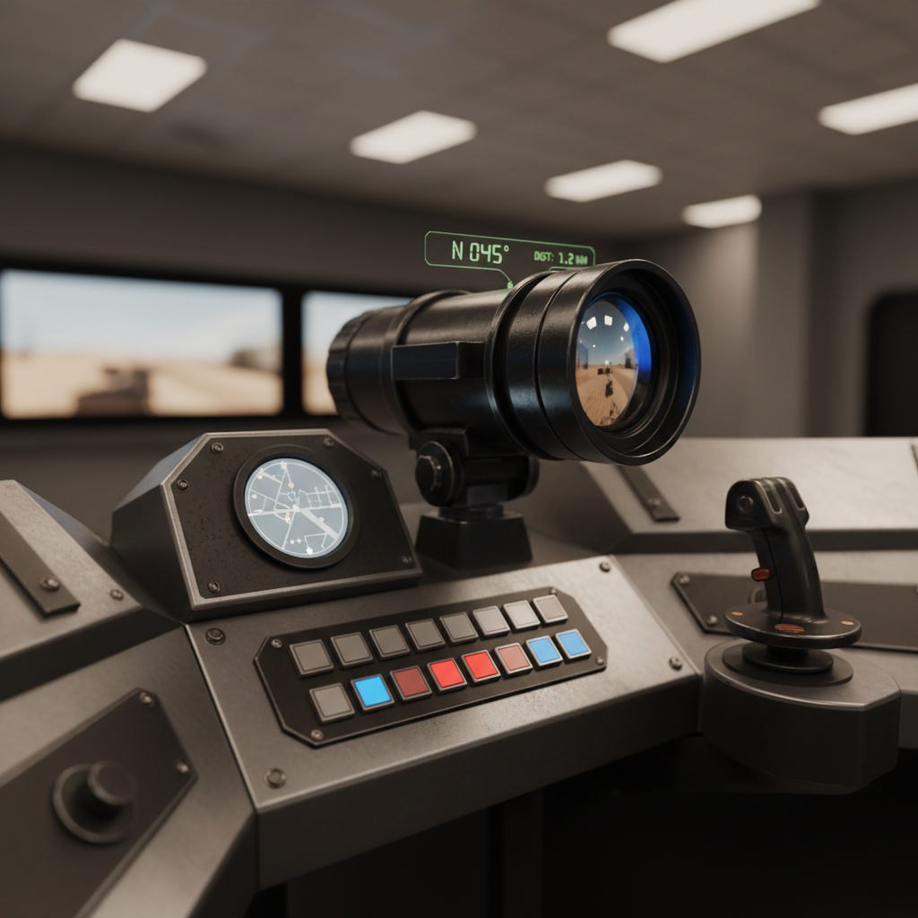 VR tank simulator cockpit view with commander periscope and HUD