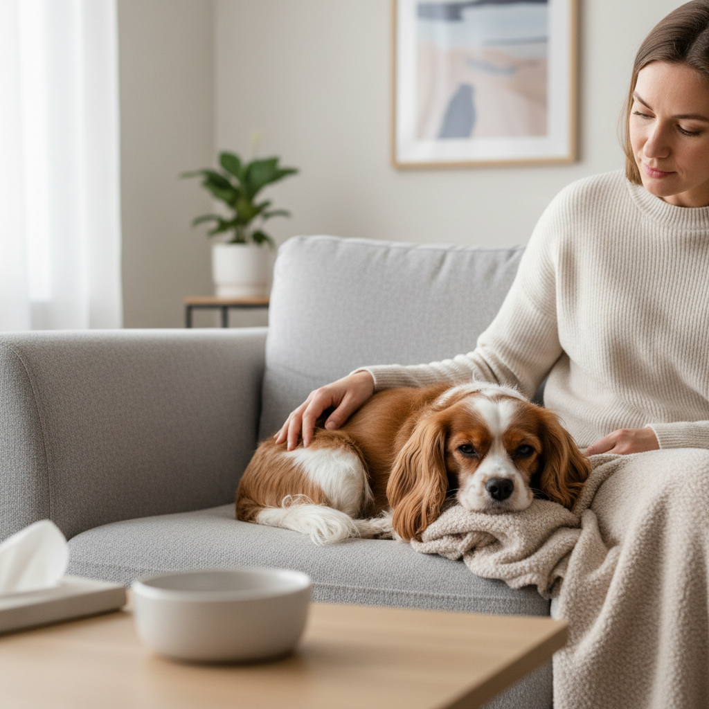 Owner comforting a sleepy dog with mild cold symptoms at home