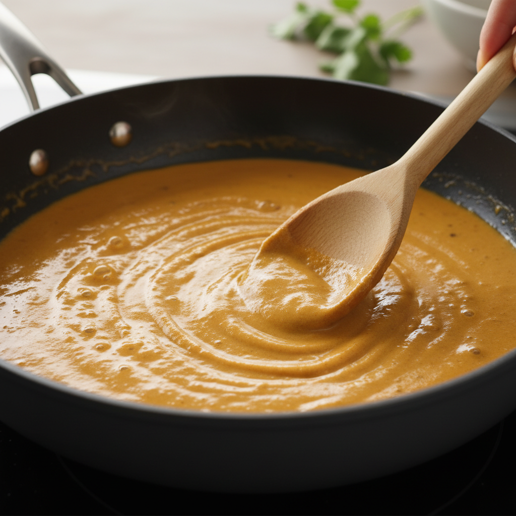 Close-up of creamy mild butter chicken sauce texture in skillet