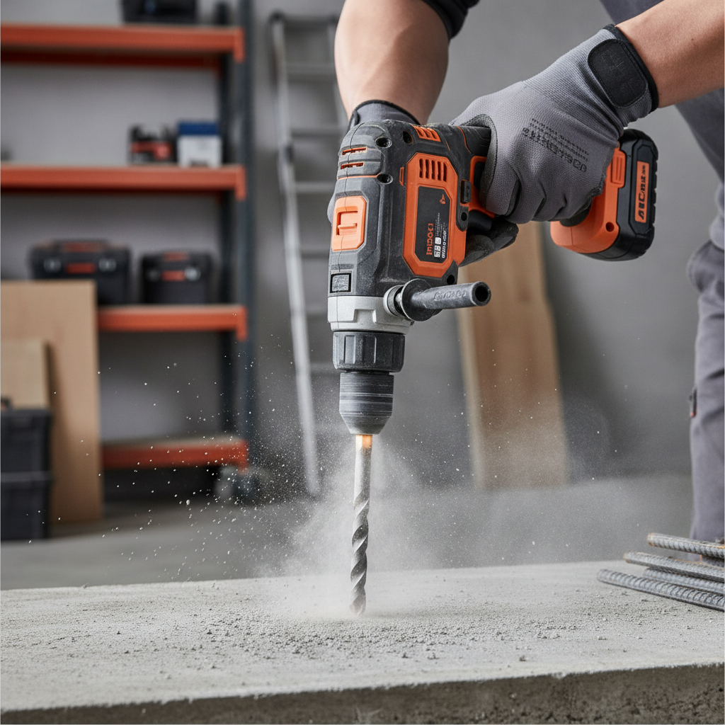 Rotary hammer drill drilling into concrete slab with SDS bit