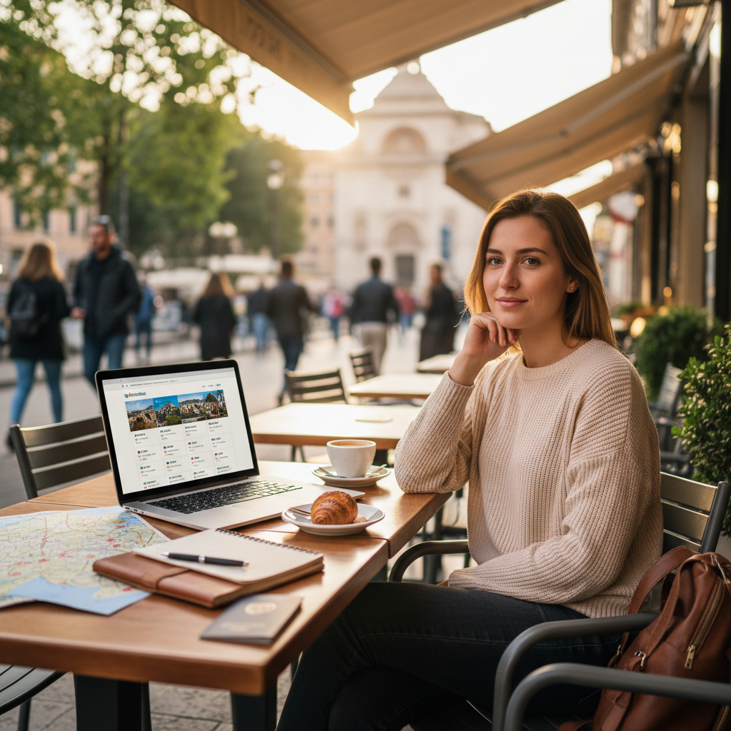 Solo traveler choosing a budget hostel on a laptop with map and reviews