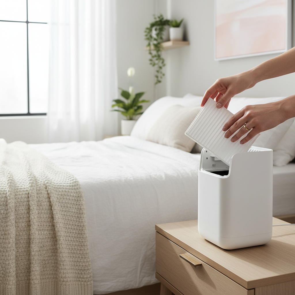 Replacing a HEPA filter in a compact bedroom air purifier
