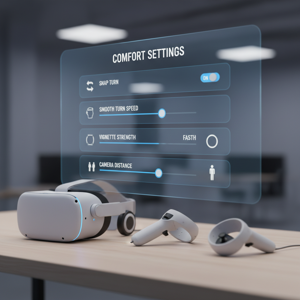 VR comfort settings menu for third-person shooter with snap turn and vignette options