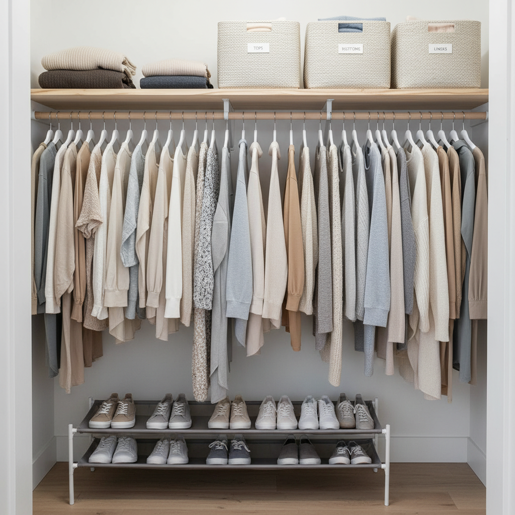 Renter-friendly closet organization with tension rod and labeled bins