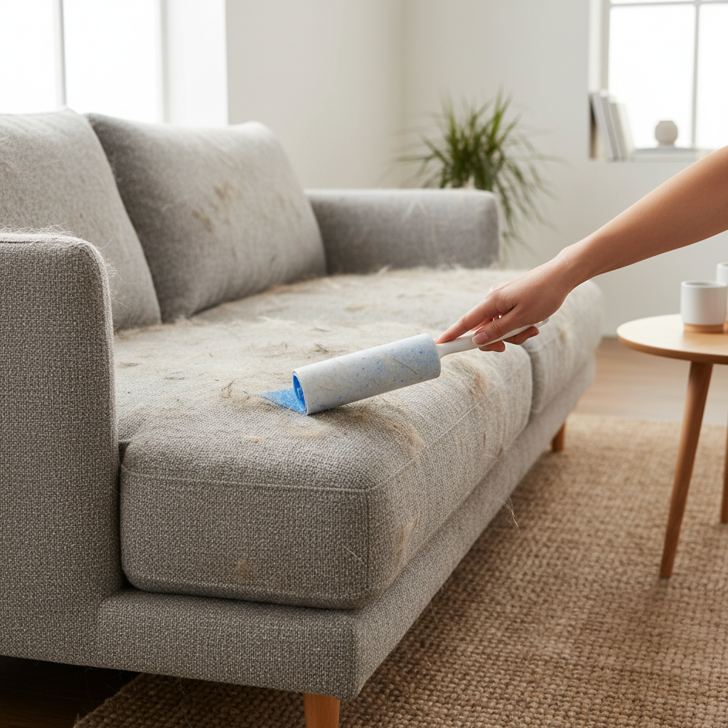 Pet hair on a fabric couch and lint roller cleanup