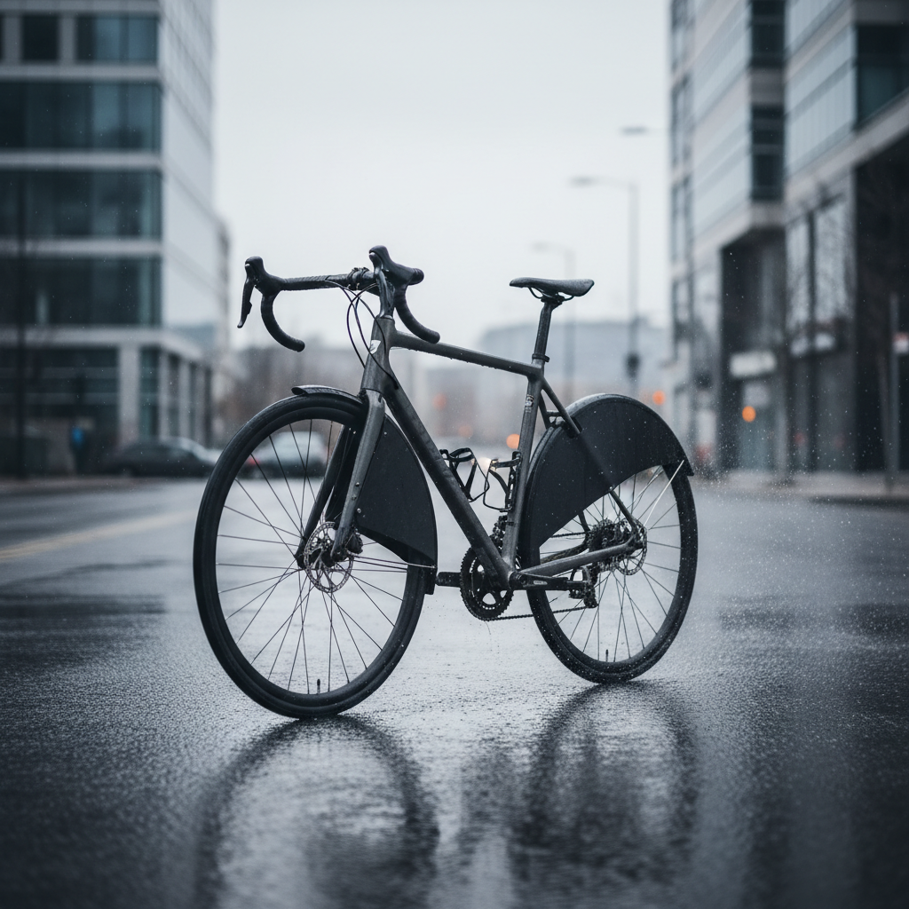Road bike with full-coverage fenders on a rainy city street