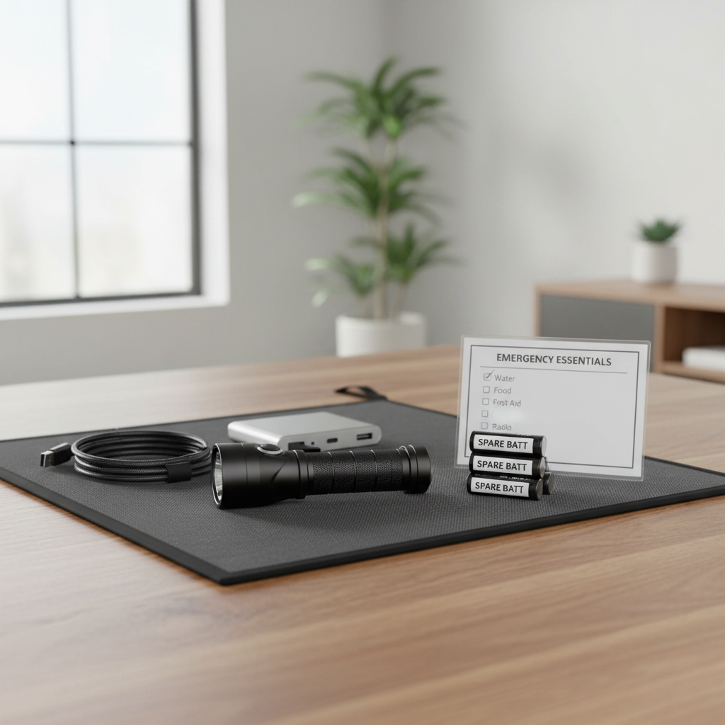 Home emergency kit with flashlight, spare batteries, and power bank on a table