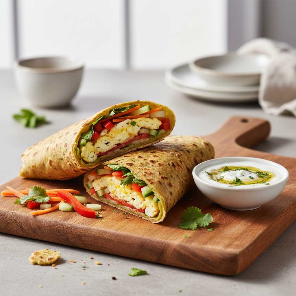 Methi thepla used as a wrap with eggs and fresh vegetables