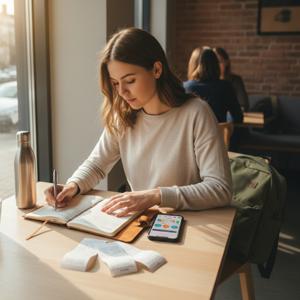 Traveler doing weekly budget check in a cafe with receipts and notebook