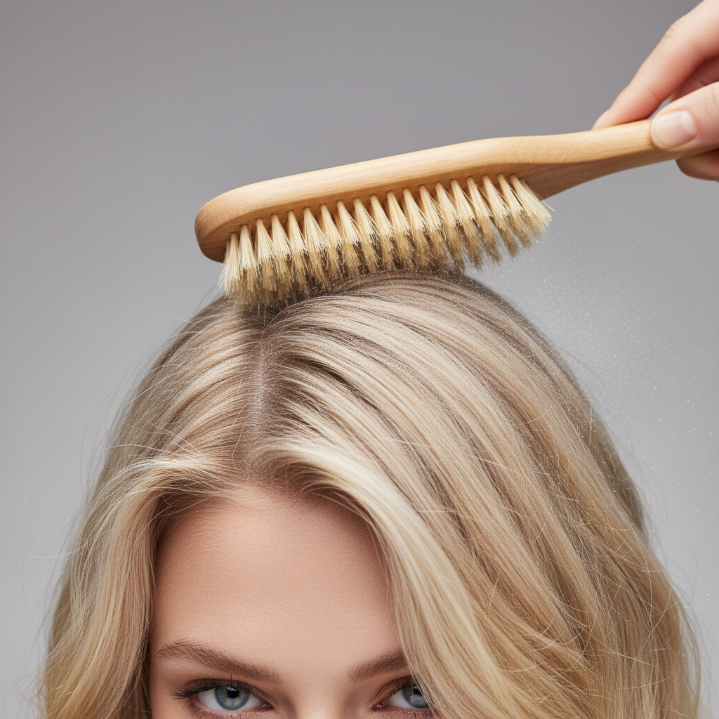 Brushing blonde hair after dry shampoo to remove residue and add volume