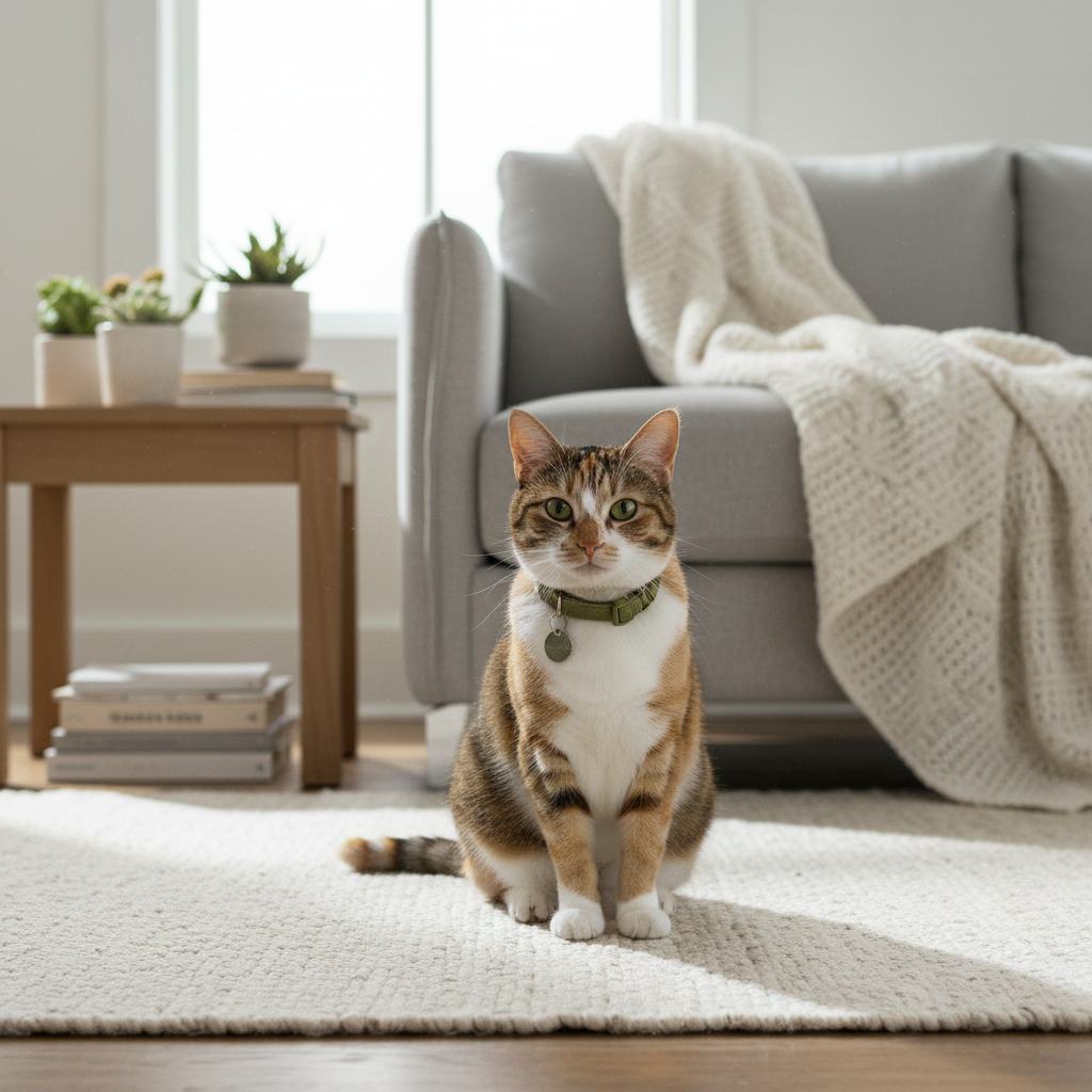 Cat wearing a breakaway collar with an ID tag indoors