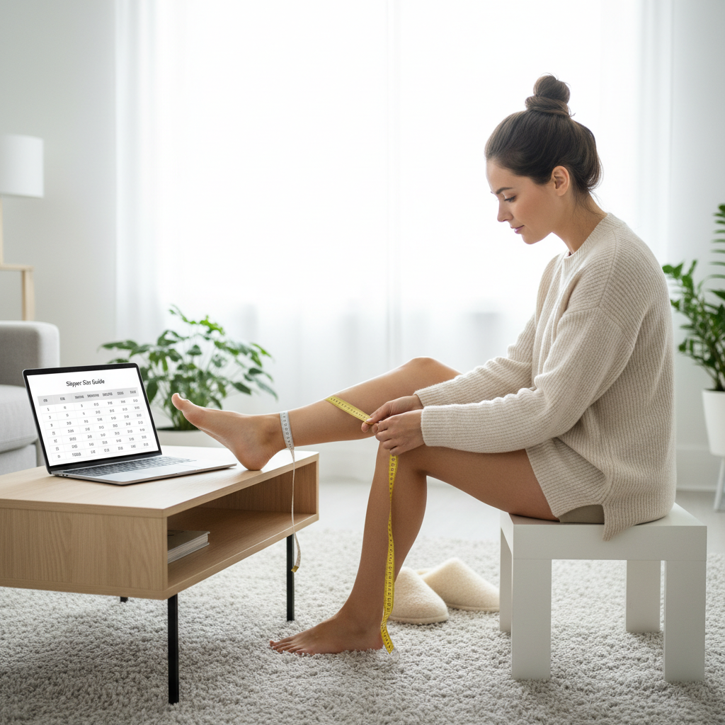 Sizing fuzzy slippers at home with measuring tape and size chart on laptop